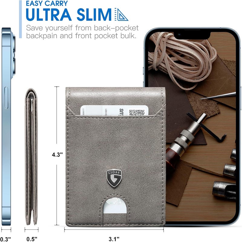 GSOIAX Slim Wallet for Men RFID Blocking Bifold Wallet Carbon Fiber Front Pocket Wallet with 11 Card Holder Minimalist Mens Wallet with Gift Box(Leather Grey) - Image 3